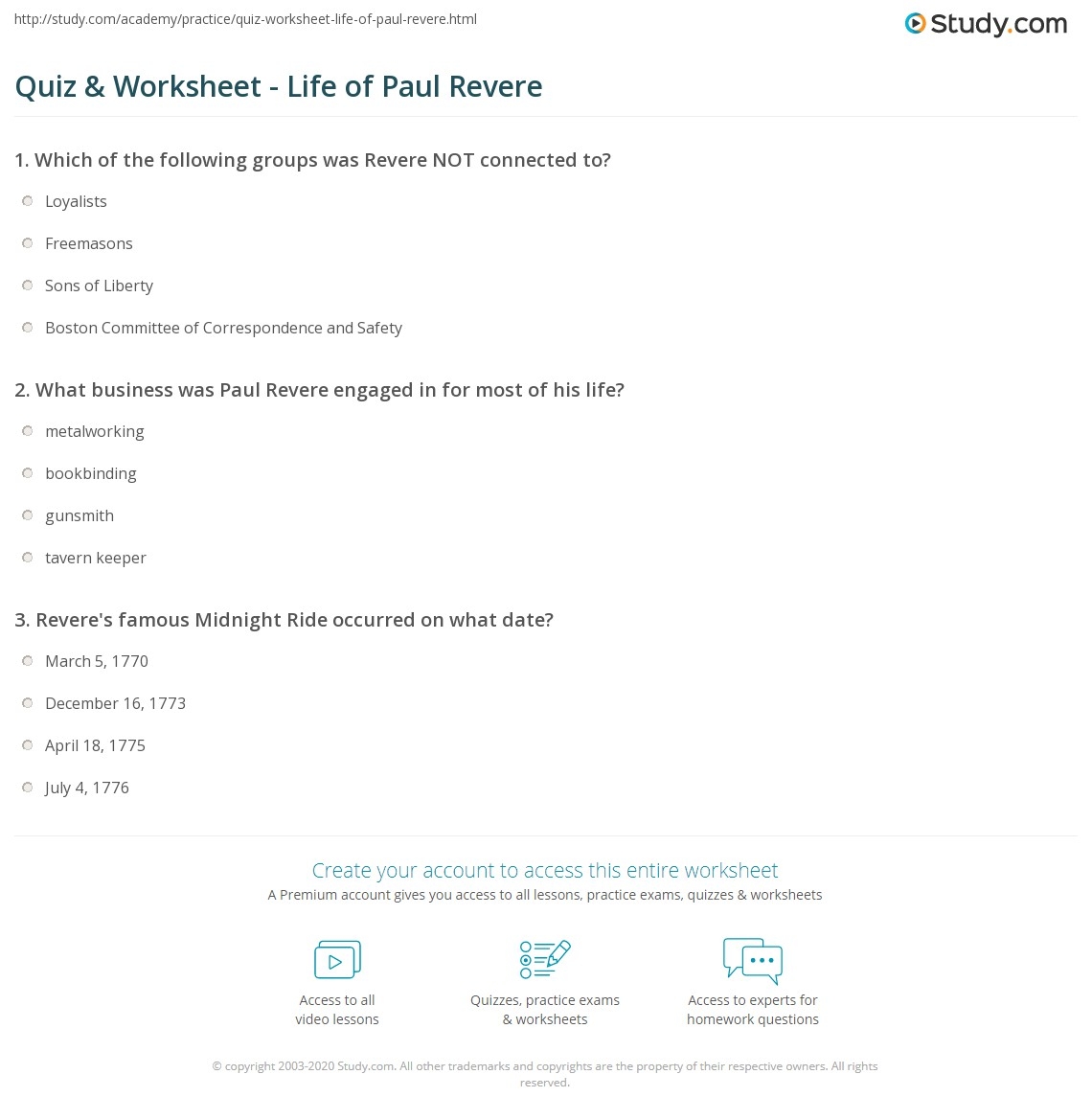 Quiz U0026 Worksheet Life Of Paul Revere Study