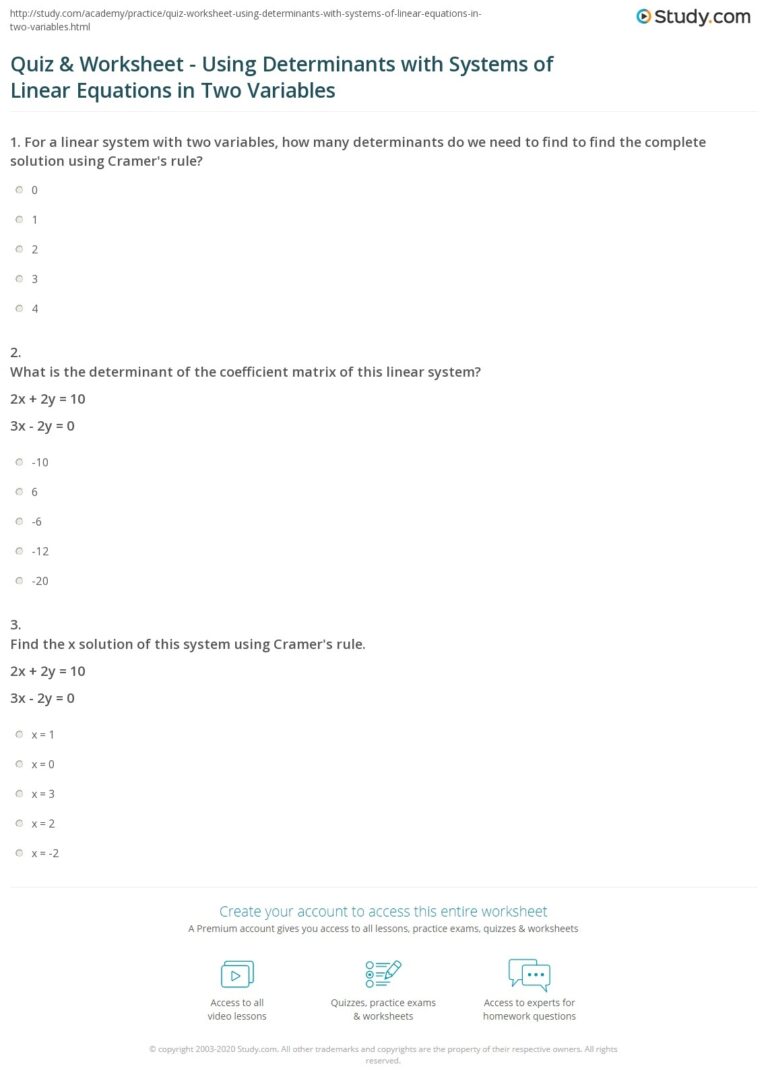 Quiz U0026 Worksheet Using Determinants With Systems Of Linear 