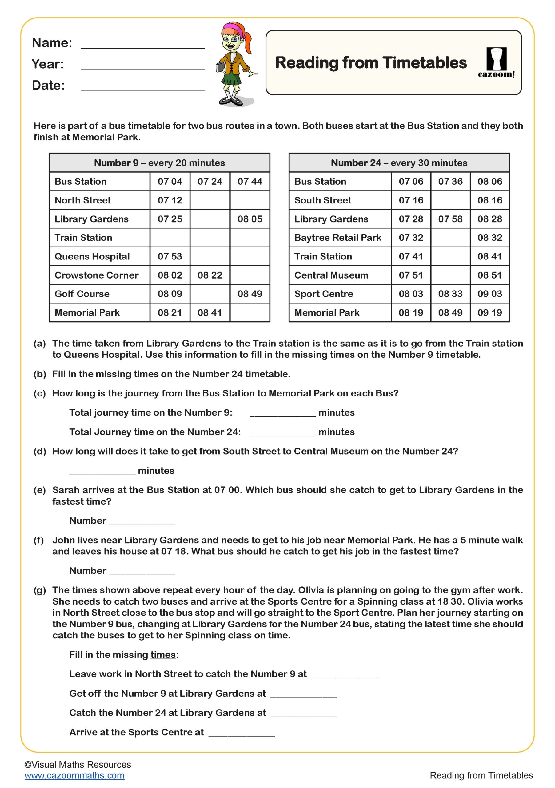 Read A Bus Timetable Worksheets Library