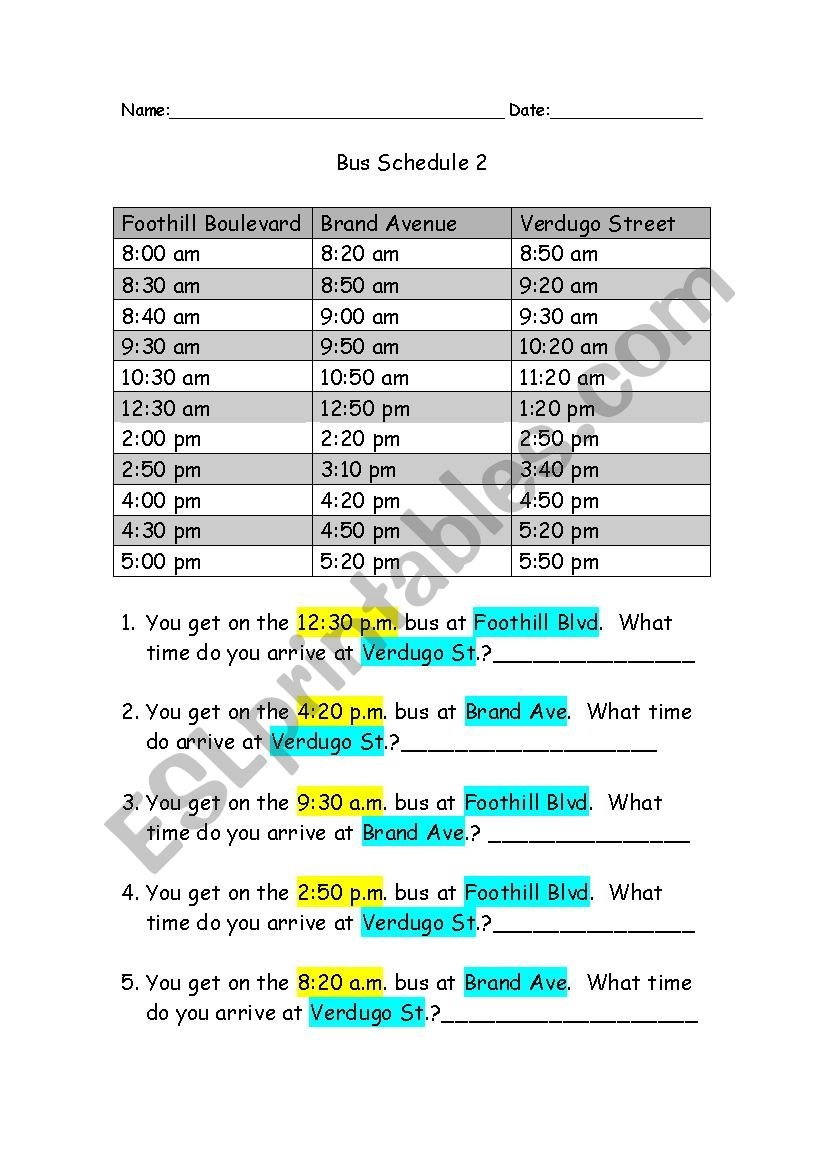 Reading A Bus Schedule ESL Worksheet By Melodyioele