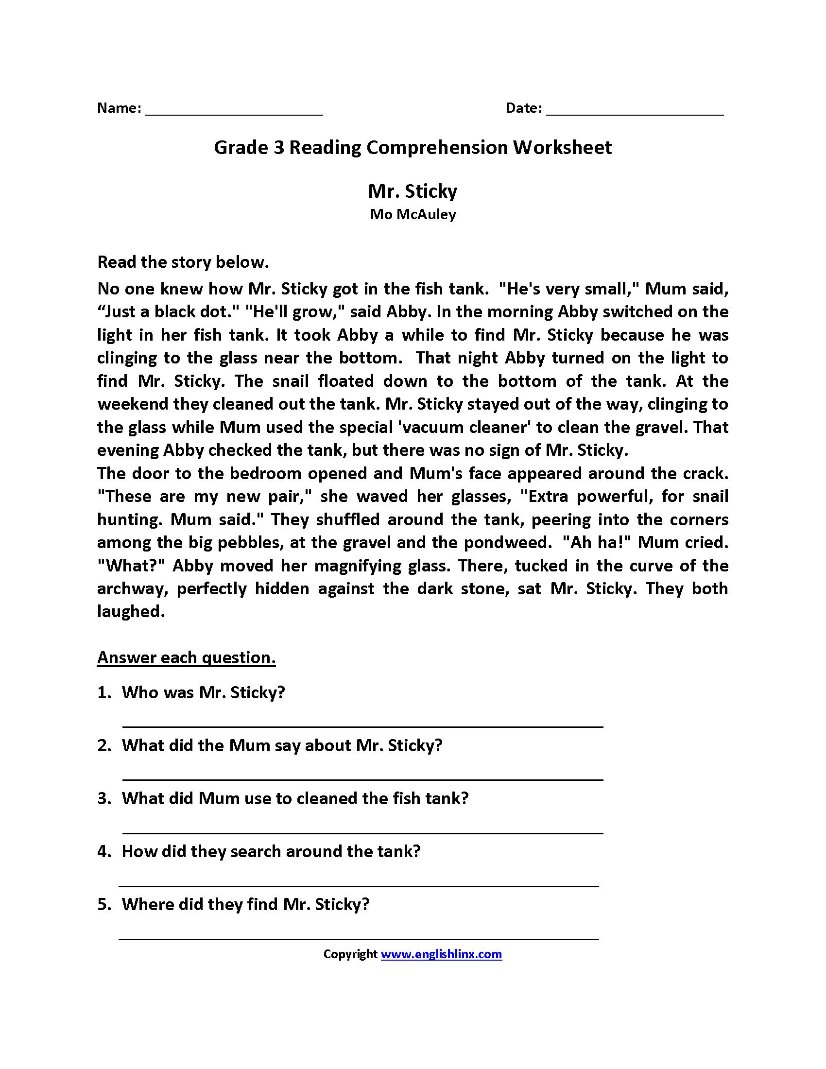 Free Printable Third Grade Comprehension Worksheets