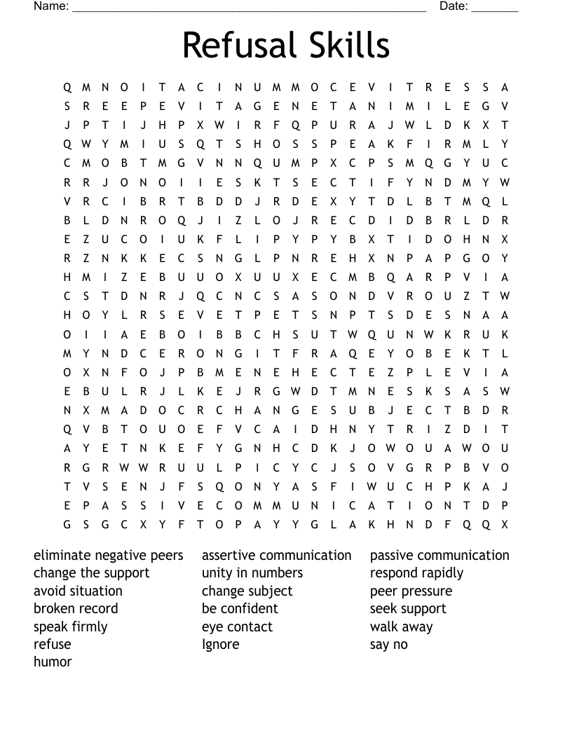 Refusal Skills Word Search WordMint