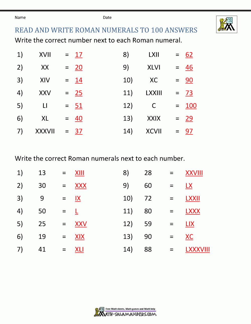 Roman Numerals Worksheet