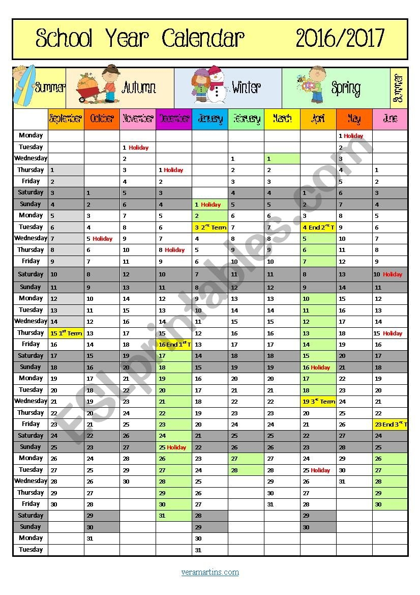School Year Calendar 2016 2017 ESL Worksheet By VeraM