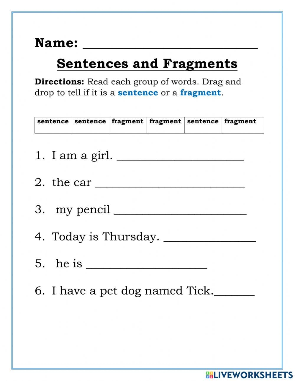 Free Printable Worksheets Sentence Fragments