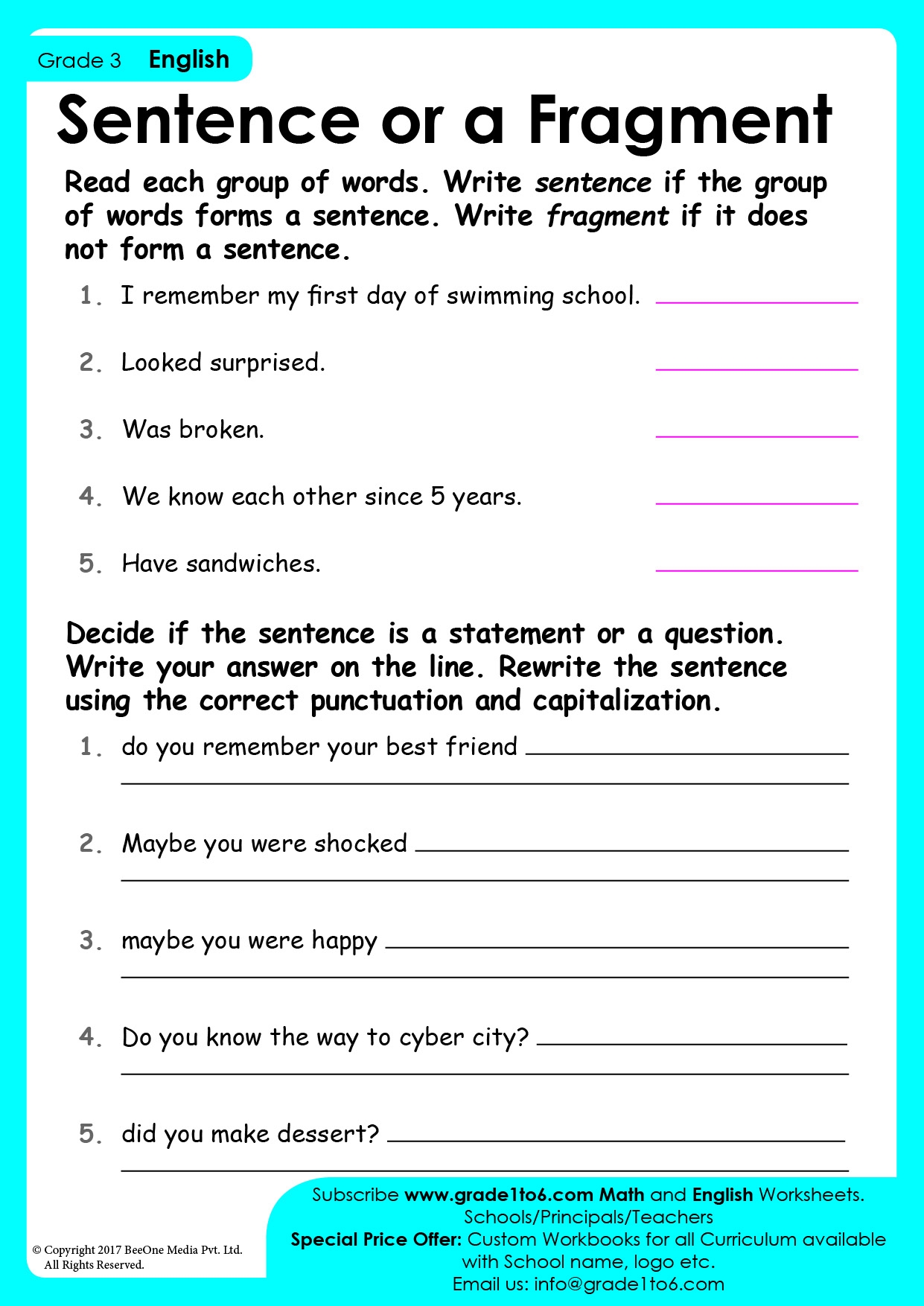 Sentences Fragment Worksheet Grade1to6 Worksheets Library