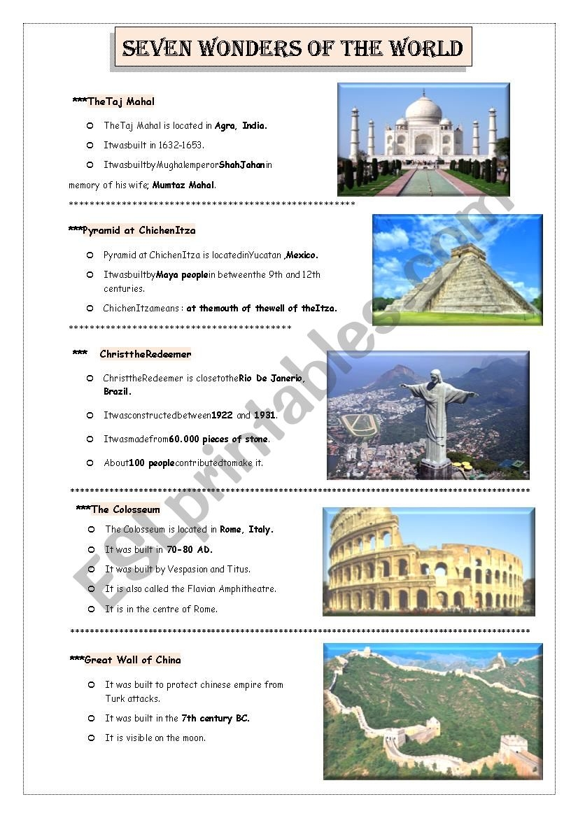 Seven Wonders Of The World ESL Worksheet By Serapnurr