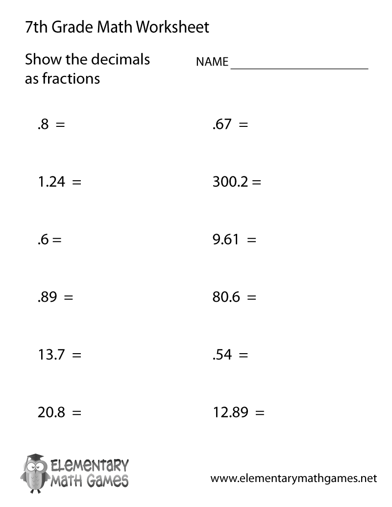 Seventh Grade Decimals Worksheet Seventh Grade Decimals Worksheet