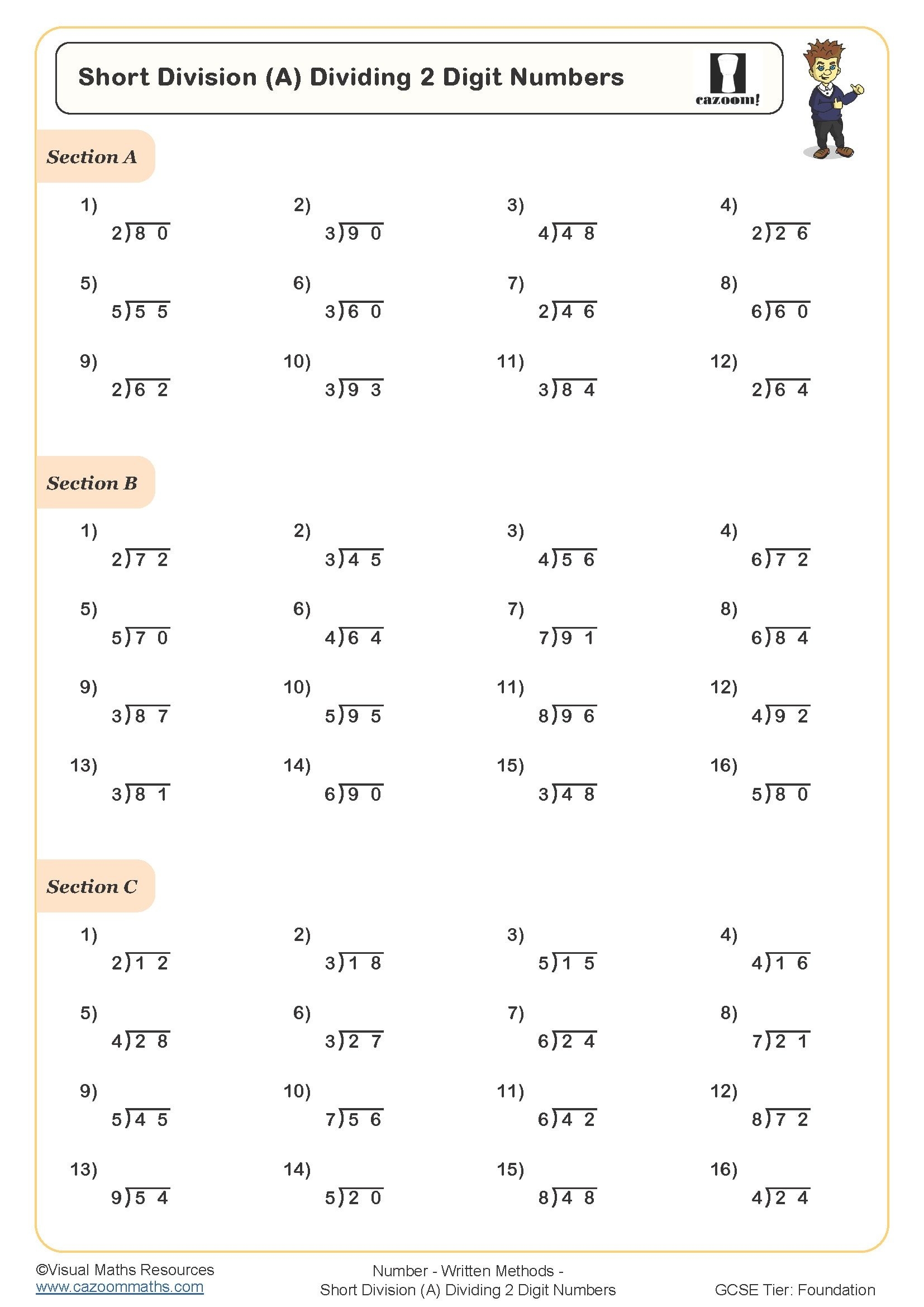 Short Division A Dividing 2 Digit Numbers Worksheet Printable Short Division A Dividing 2 Digit Numbers Worksheet Printable