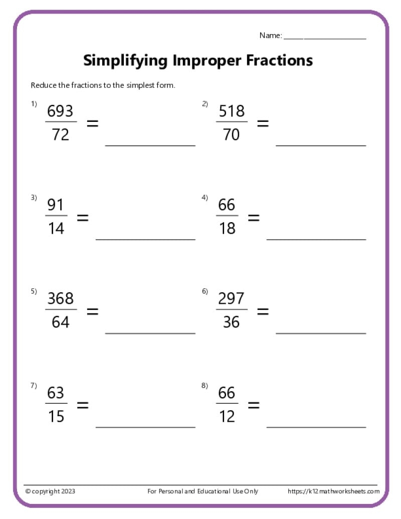Simplifying Fractions Free Printable Worksheet