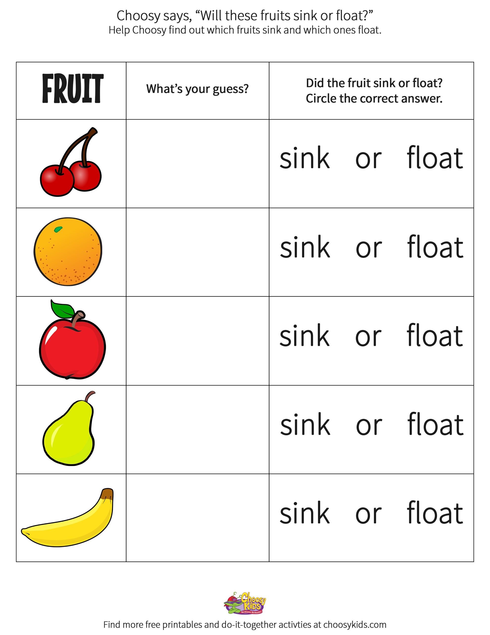 Sink Or Float Fruit Printable Choosy Kids