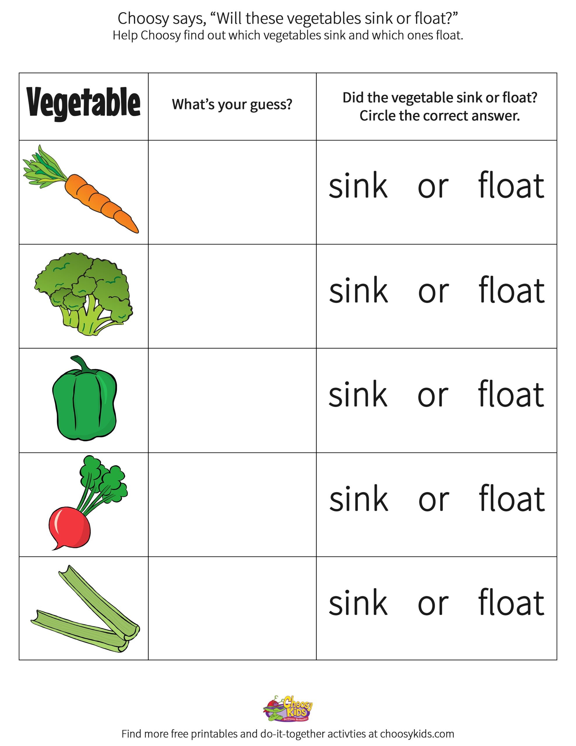 Sink Or Float Vegetable Printable Choosy Kids
