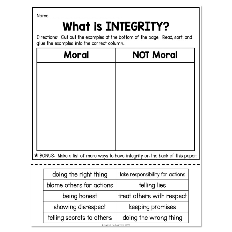 Social Emotional Learning Integrity Sort Lucky Little Learners Worksheets Library