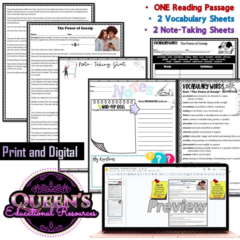 Social Media Reading Passage And Activities Gossip Rumors Relationships Classful