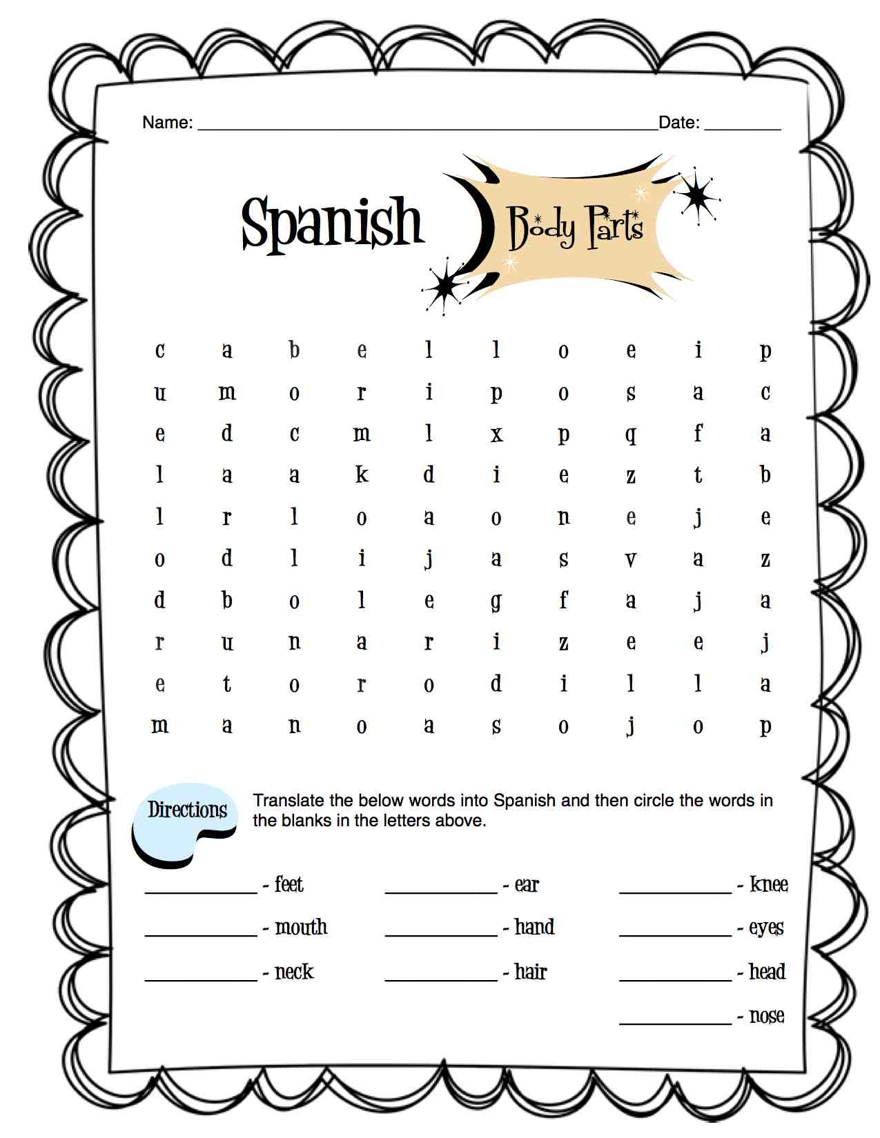 Spanish Body Parts Worksheet Packet