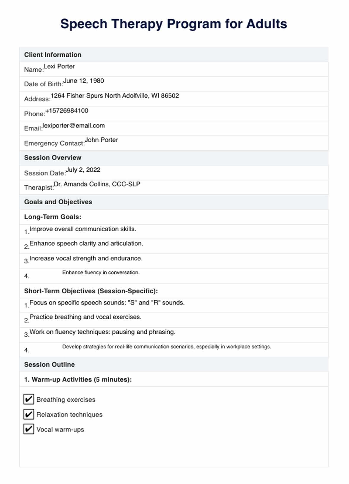 Speech Therapy For Adults PDF U0026 Example Free PDF Download