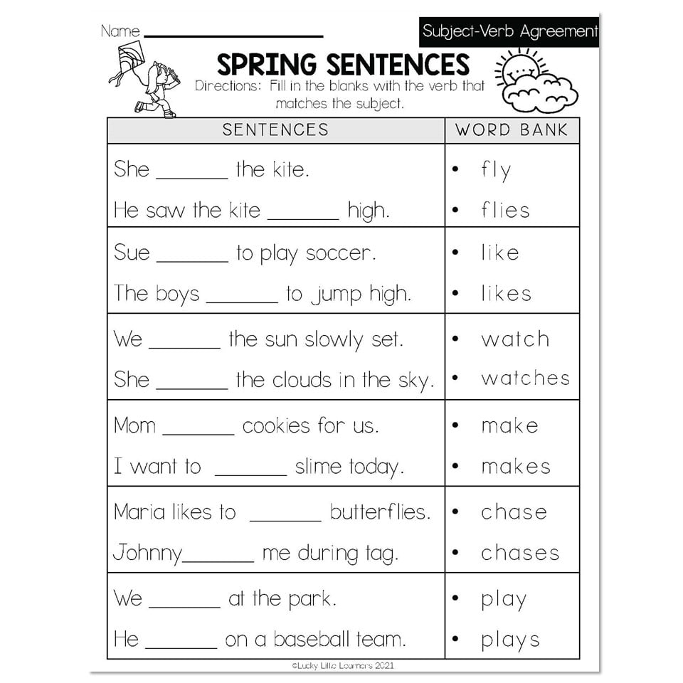 Spring Early Finishers 2nd Grade ELA Subject Verb Agreement 