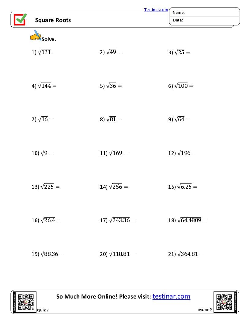 Square Roots Worksheets