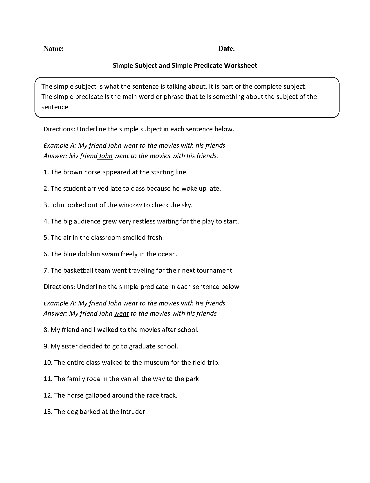 Subject And Predicate Worksheets Simple Subject And Simple Predicate Worksheet Subject And Predicate Worksheets Simple Subject And Simple Predicate Worksheet