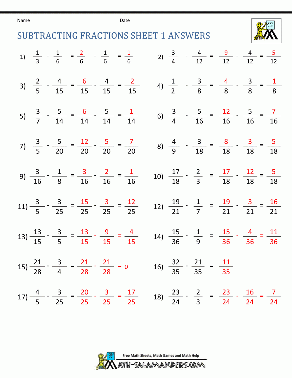 Subtracting Fractions Worksheets Subtracting Fractions Worksheets
