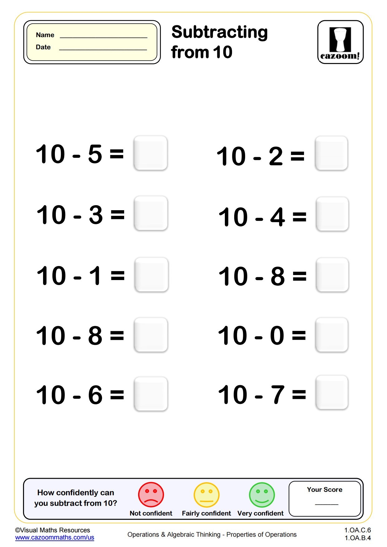 Subtracting From 10 Drills 10 Questions PDF Printable Operations And Algebraic Thinking Worksheets Subtracting From 10 Drills 10 Questions PDF Printable Operations And Algebraic Thinking Worksheets