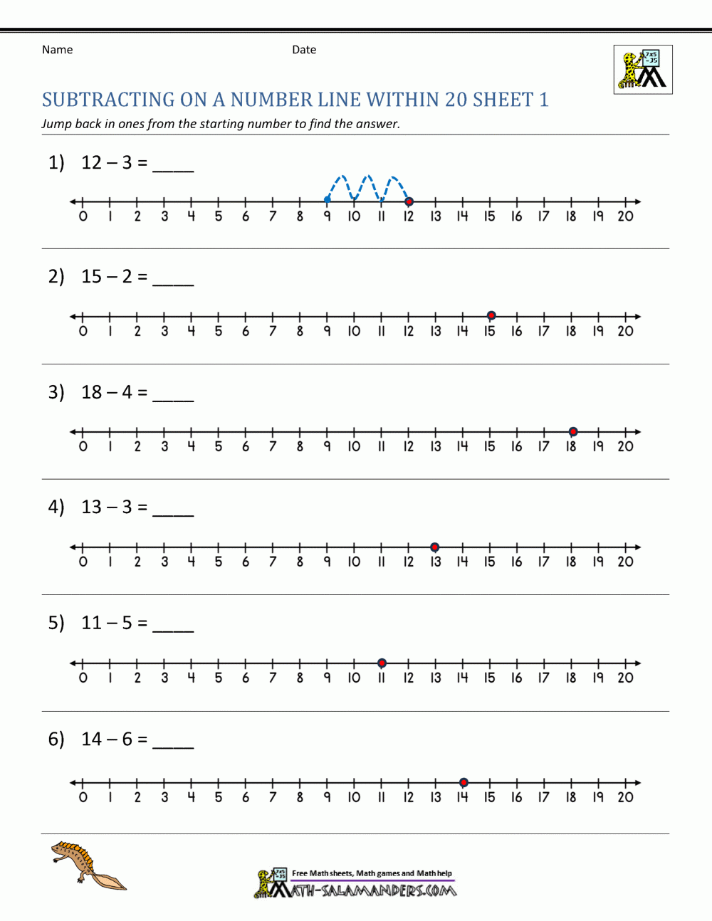 Subtracting On A Number Line Worksheets