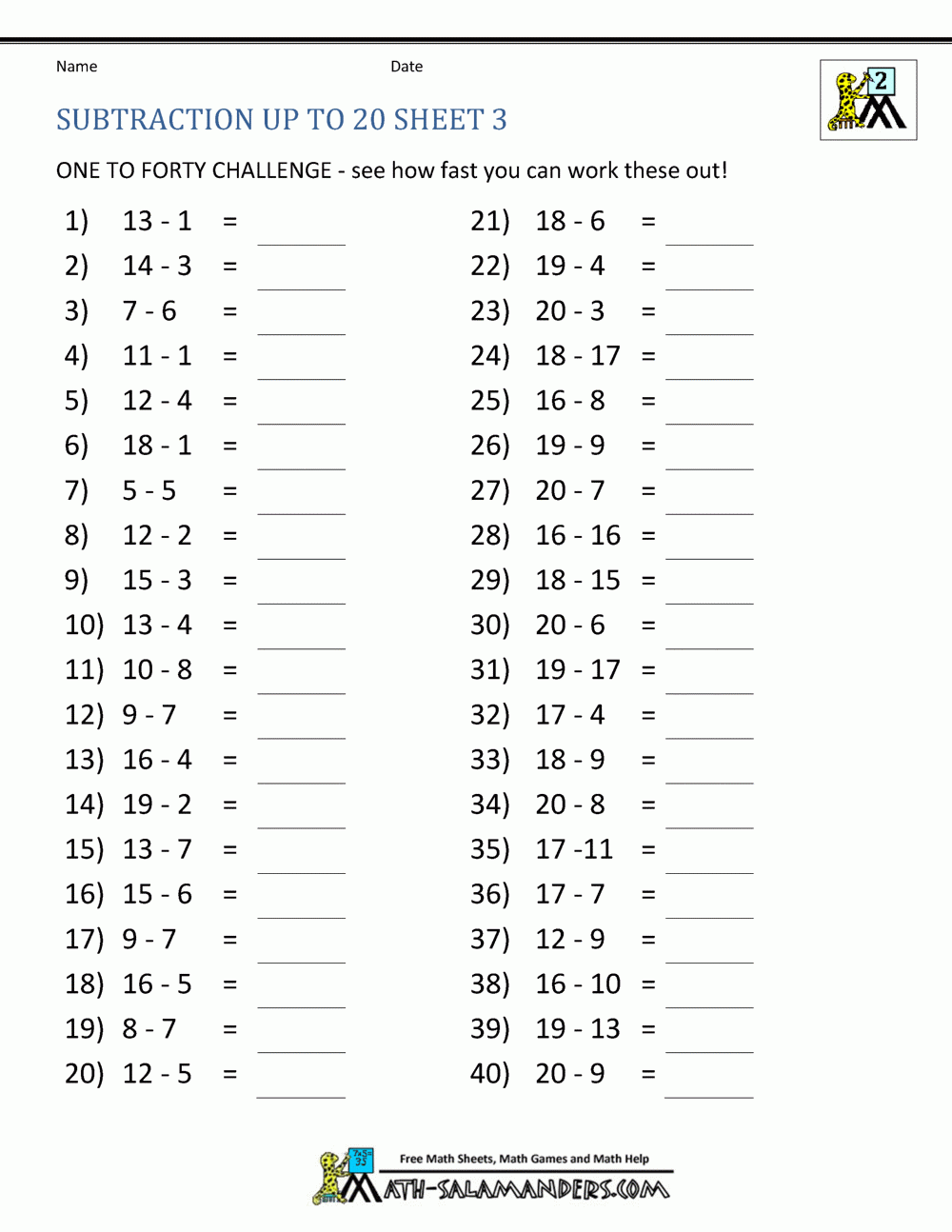 Subtraction Facts To 20 Subtraction Facts To 20