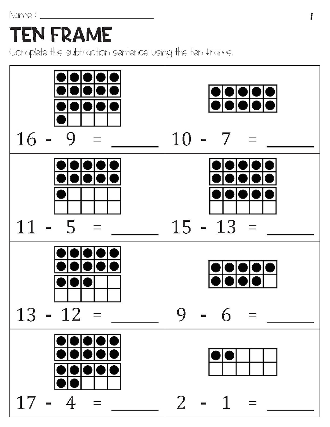 Subtraction Within 20 With Ten Frame Pictures Worksheets Etsy
