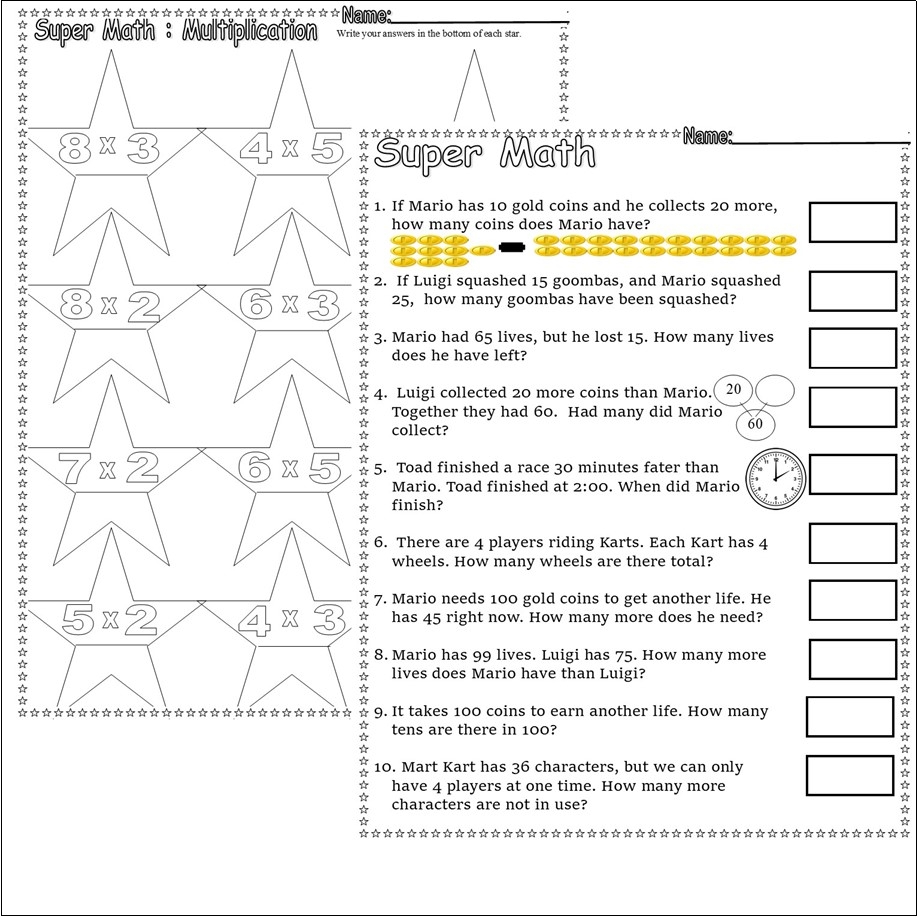 Super Gamer Mario Math Practice Telling Time Addition Multiplication Worksheets Library