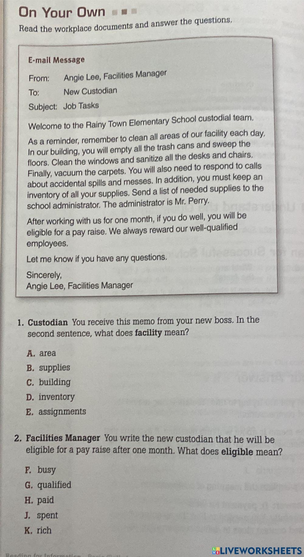 TABE Practice Workplace Skills Worksheet Live Worksheets 