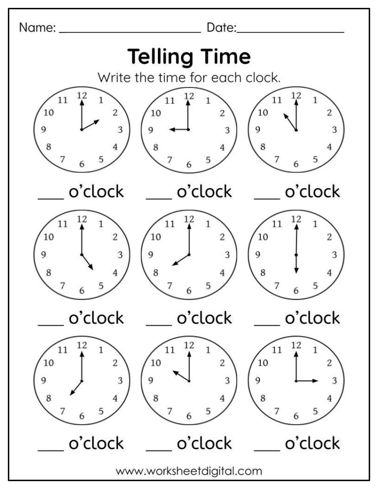 Telling Time To The Hour Worksheet Kindergarten First Grade Worksheet Learn To Tell The Time In Digital Analog Clock Homework Practice Etsy