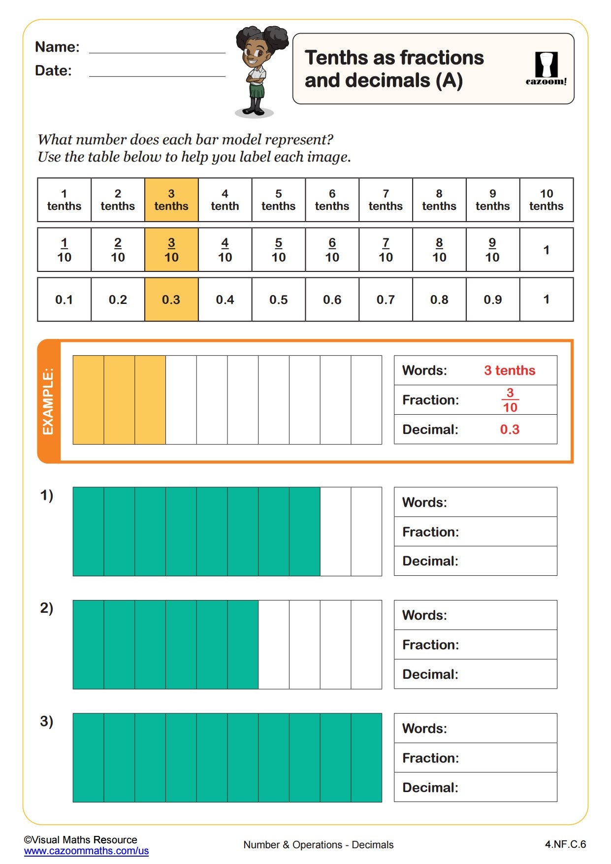 Tenths As Fractions And Decimals A PDF Printable Number And 