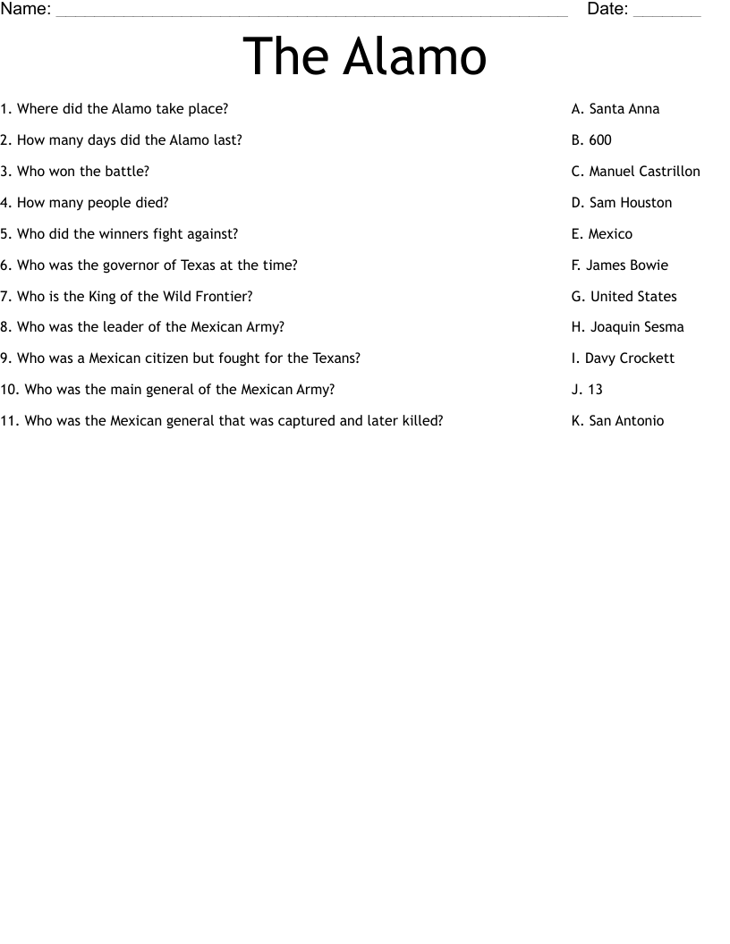 The Alamo Worksheet WordMint