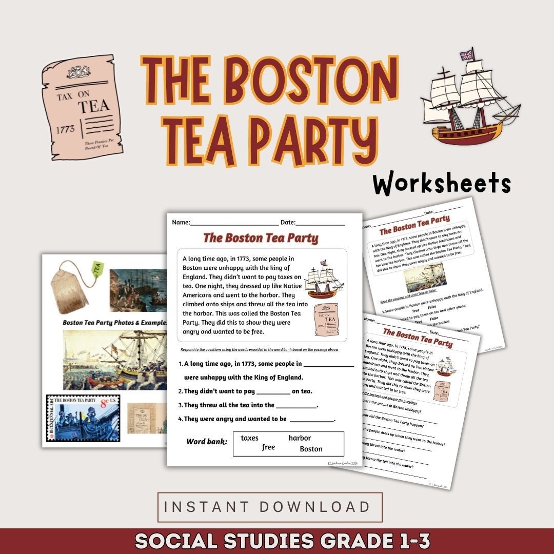 The Boston Tea Party Worksheets And Reading Comprehension Quizzes For Social Studies Instant Download PDF Download US History Etsy