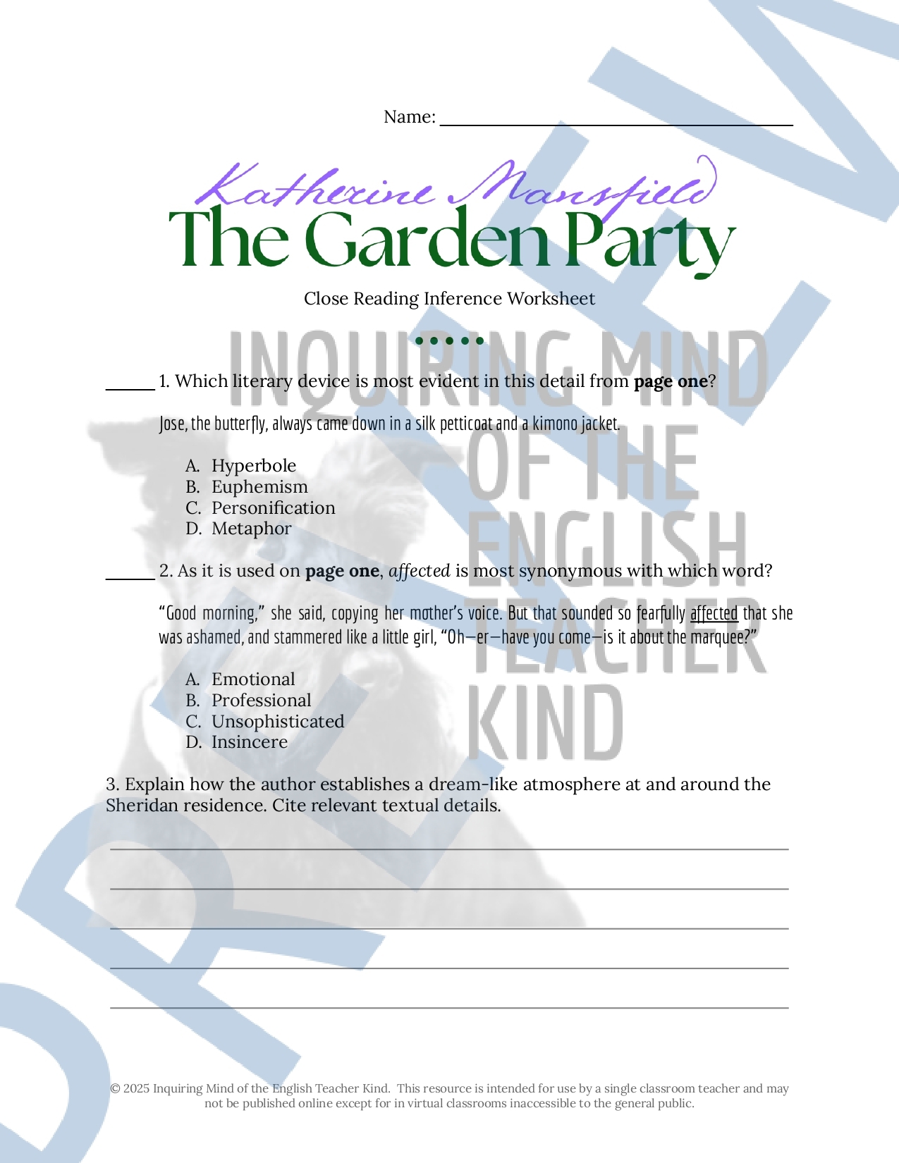 The Garden Party By Katherine Mansfield Quiz Worksheet The Garden Party By Katherine Mansfield Quiz Worksheet