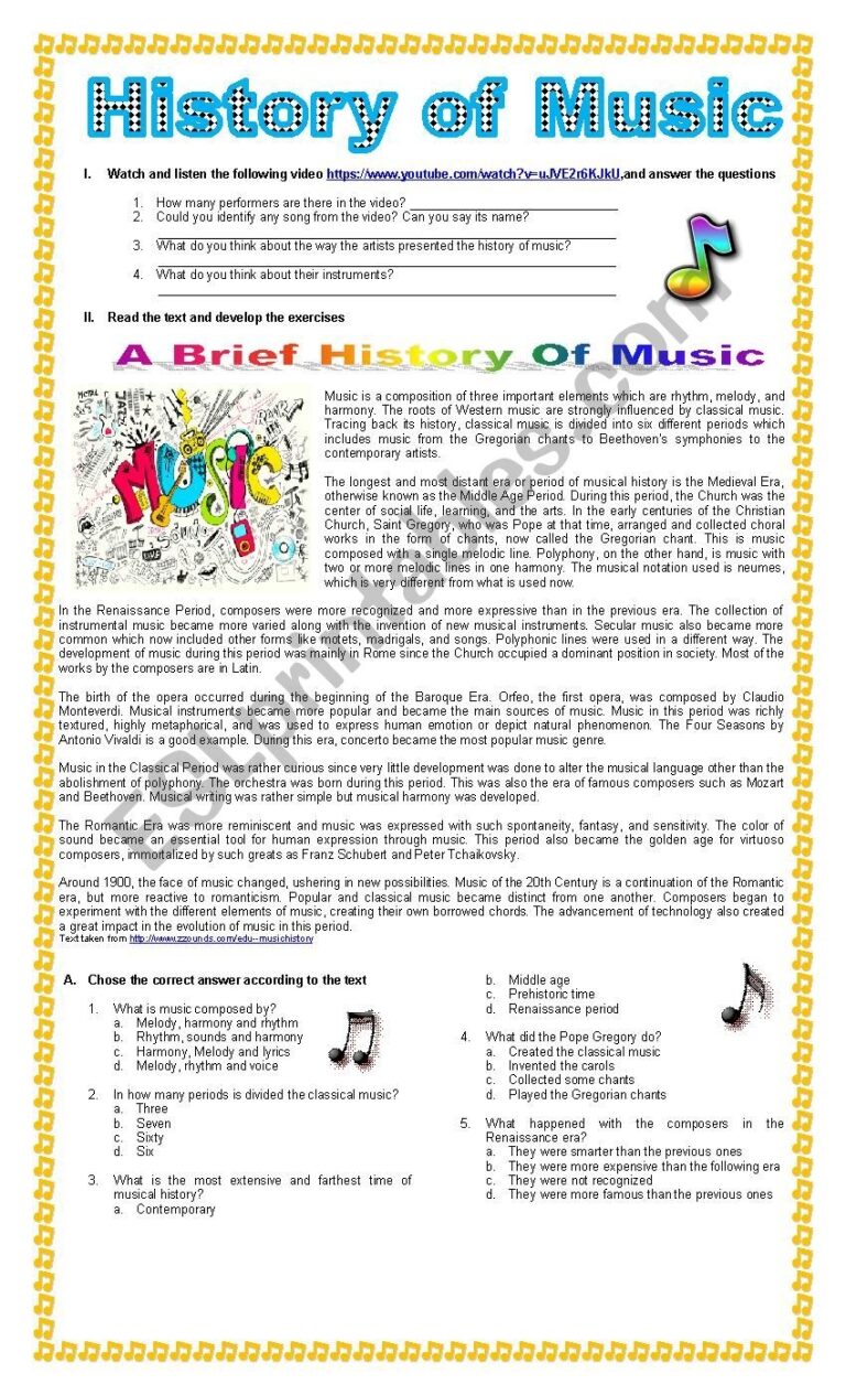 The History Of Music ESL Worksheet By Dianac4 Worksheets Library