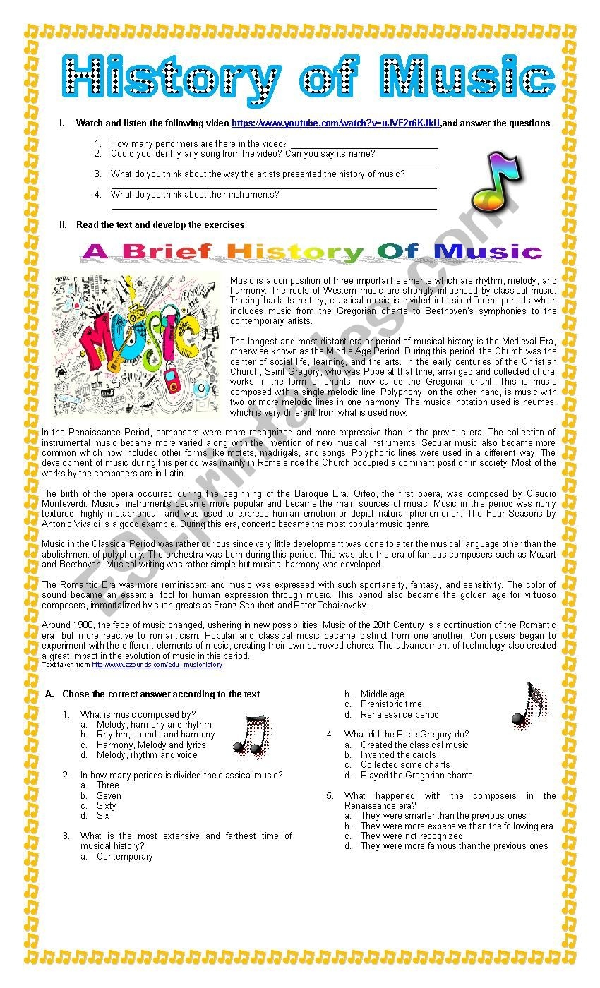 The History Of Music ESL Worksheet By Dianac4 Worksheets Library