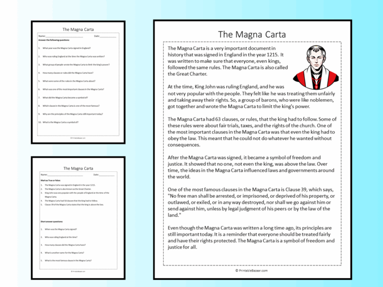 The Magna Carta Reading Comprehension Passage Printable Worksheet Teaching Resources
