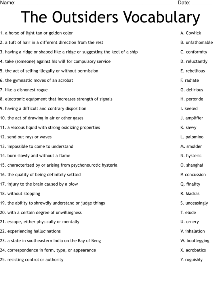 The Outsiders Vocabulary Worksheet WordMint