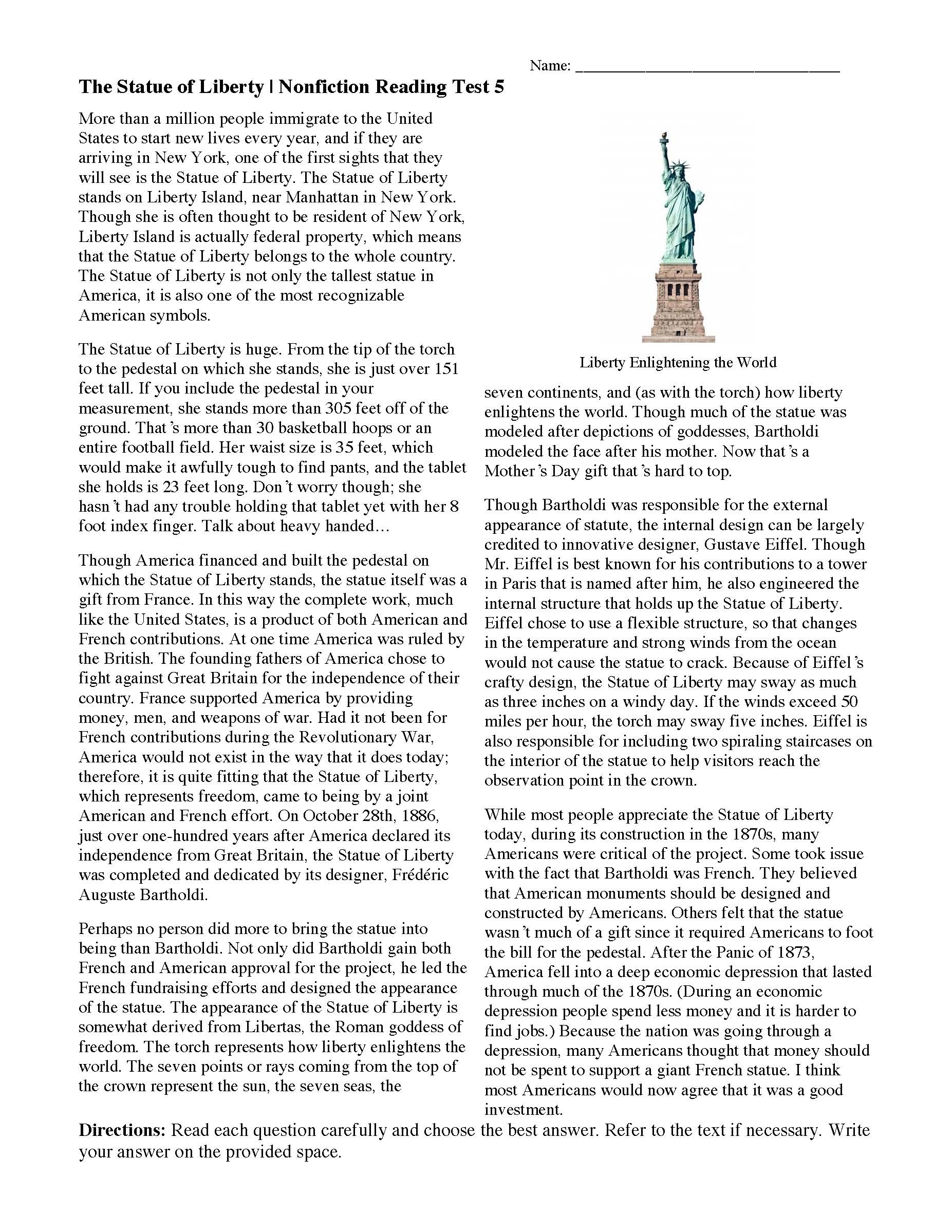 The Statue Of Liberty Nonfiction Reading Activity