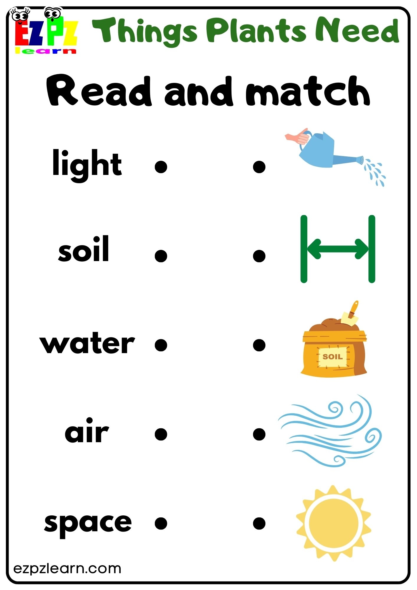 Things Plants Need Vocabulary Worksheet Read And Match Activity For Kindergarten And ESL Students Free Printable PDF Download Ezpzlearn