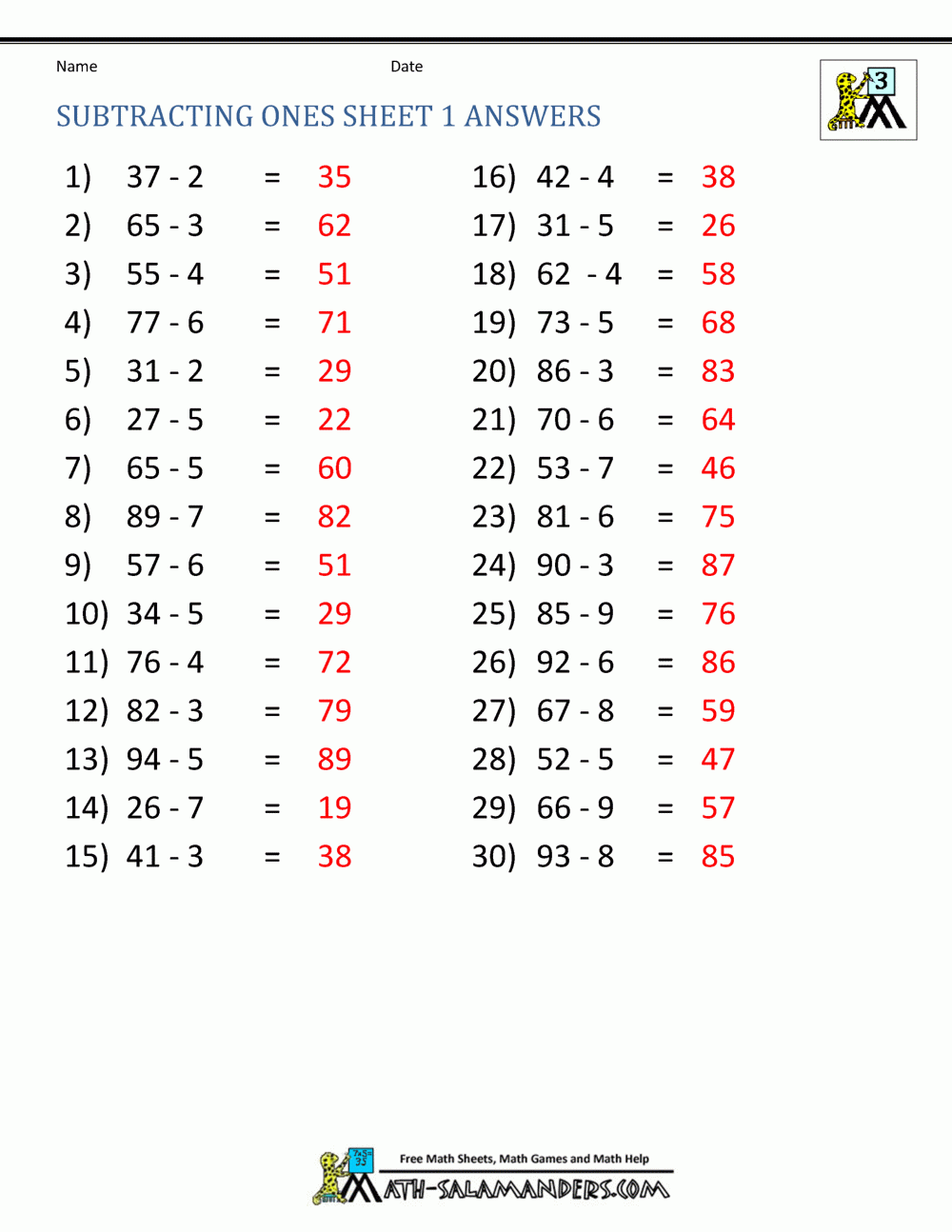Third Grade Subtraction Worksheets
