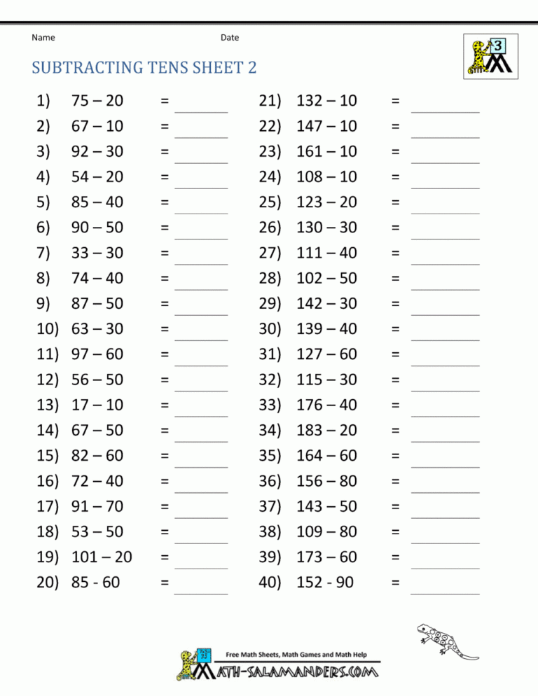 Third Grade Subtraction Worksheets