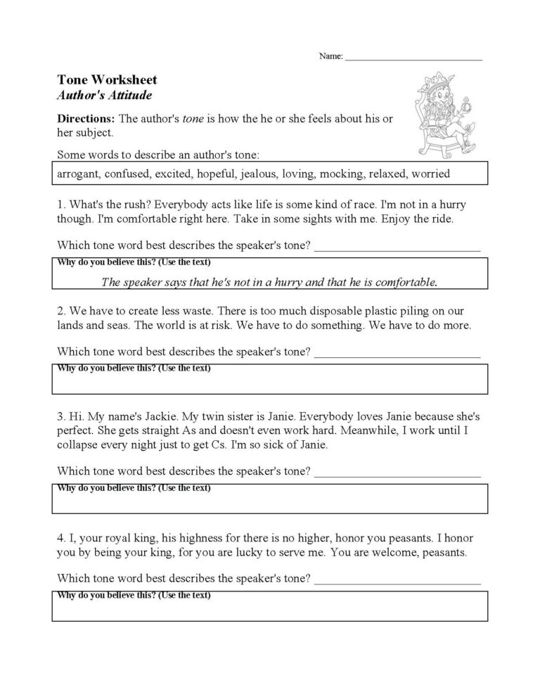 Tone Worksheet Elements Of Fiction Activity