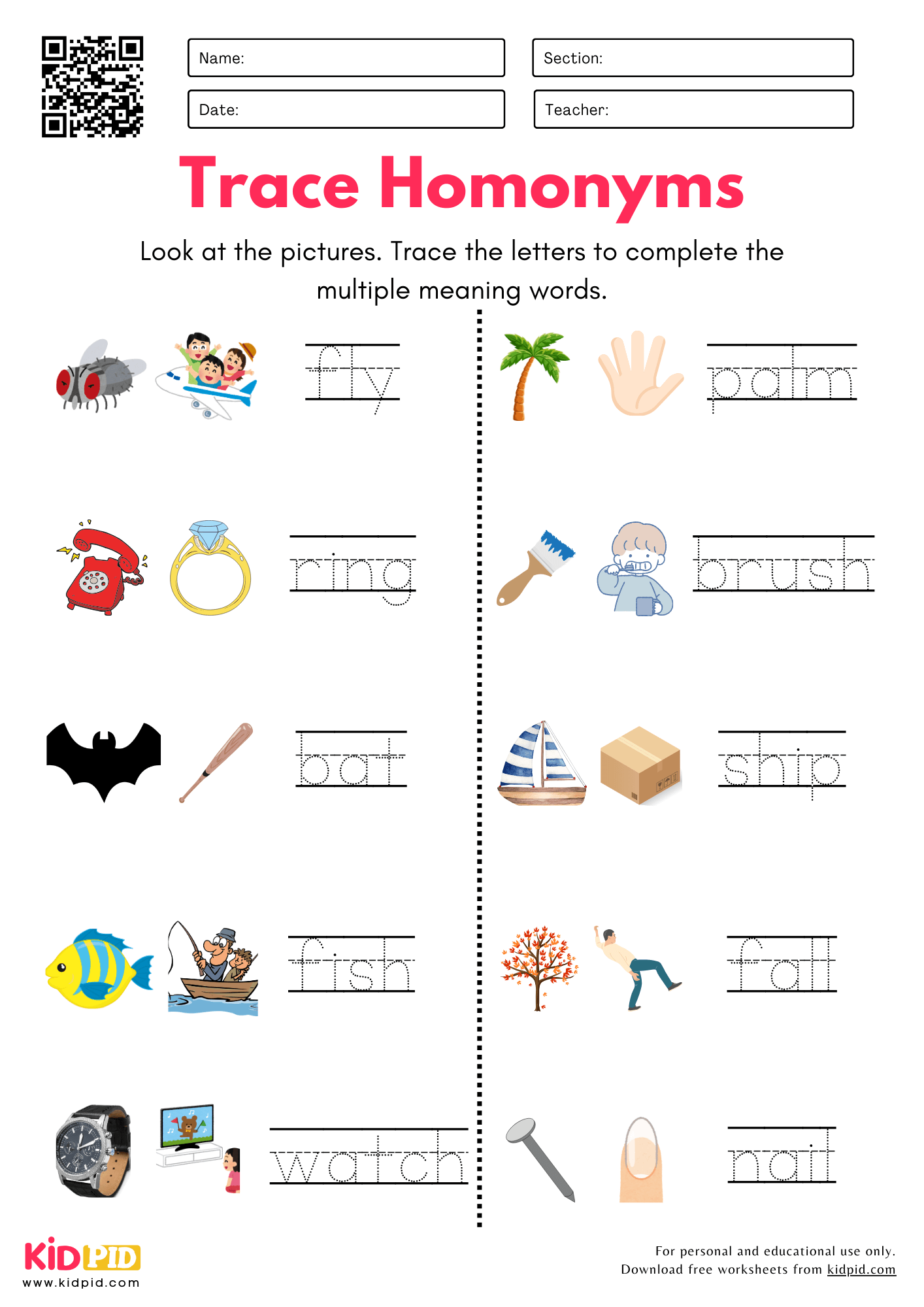 Trace Homonyms Worksheet For Kindergarten Kidpid Trace Homonyms Worksheet For Kindergarten Kidpid
