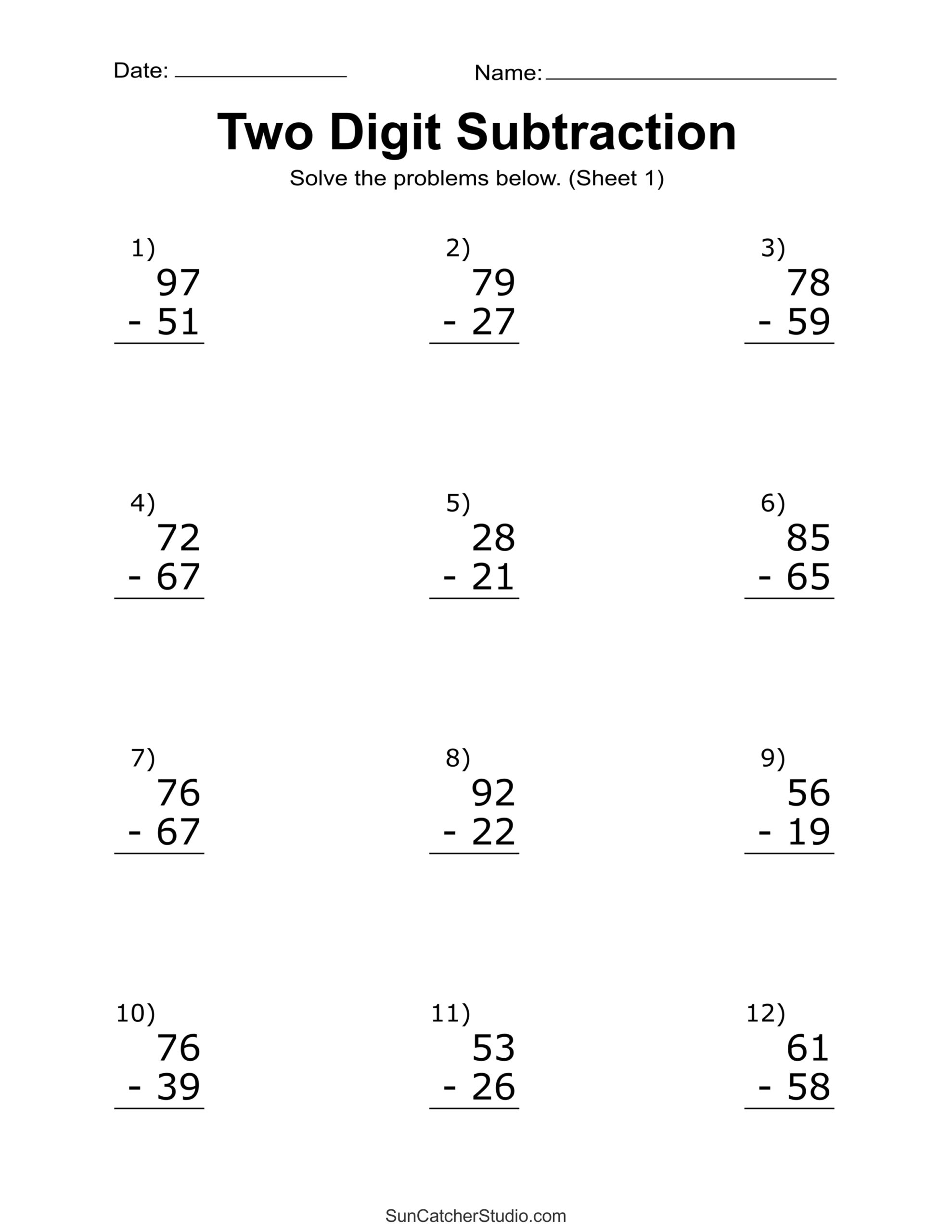 Two Digit Subtraction Worksheets Printable Math Drills Free 