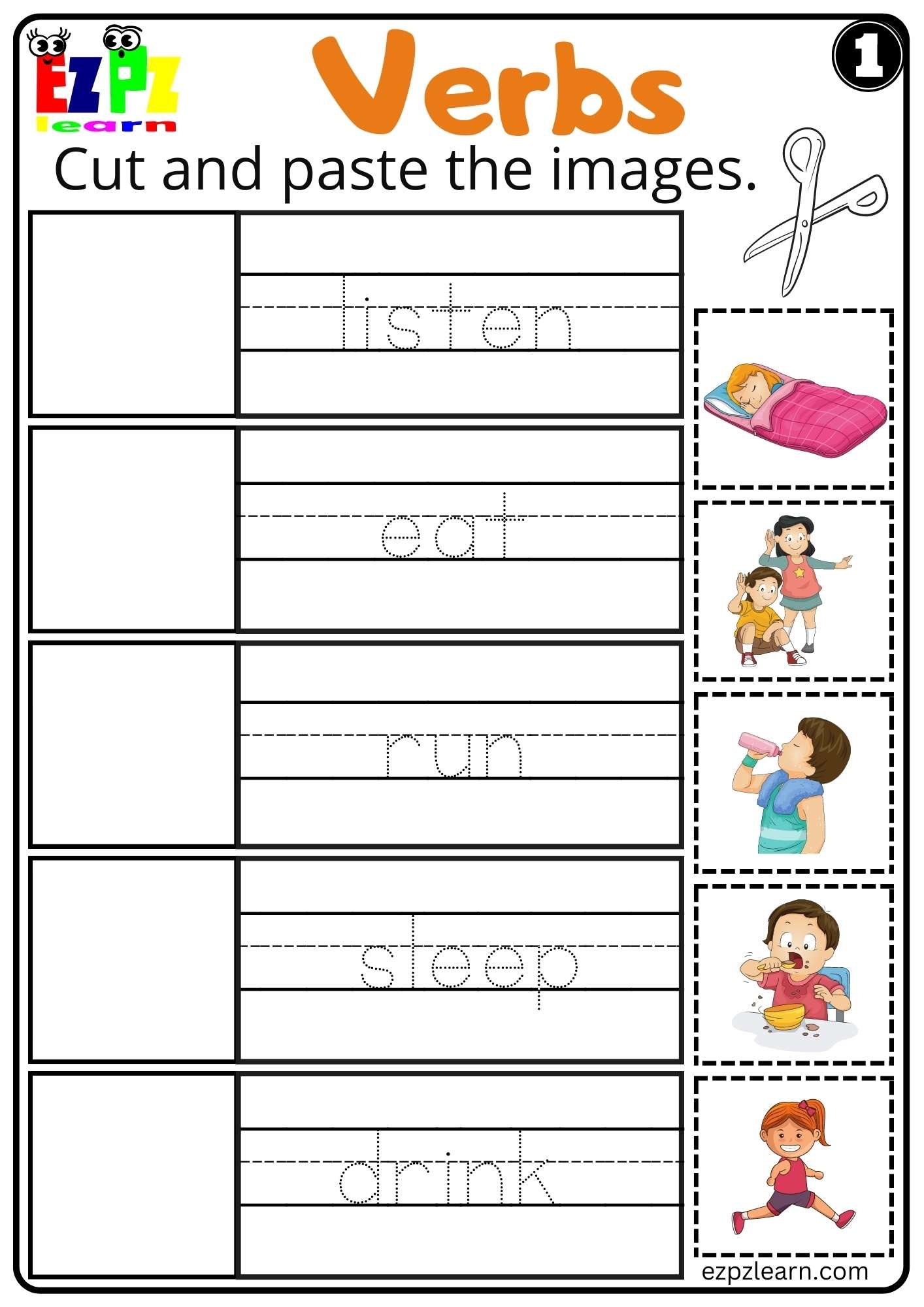 Verbs Cut And Paste Worksheet For ESL And Home Schooling 