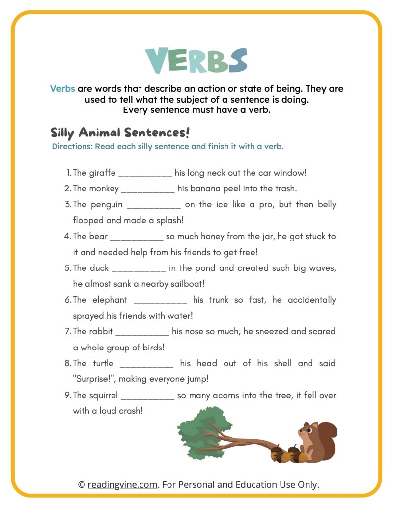 Verbs Worksheets ReadingVine