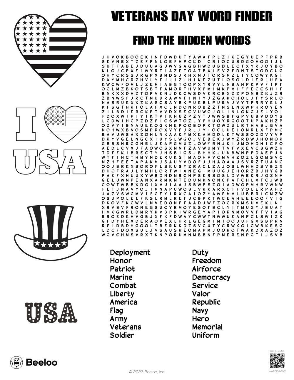 Veterans Day Word Finder Beeloo Printable Crafts And Activities For Kids