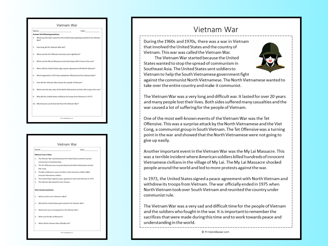 Vietnam War Reading Comprehension Passage Printable Worksheet Teaching Resources